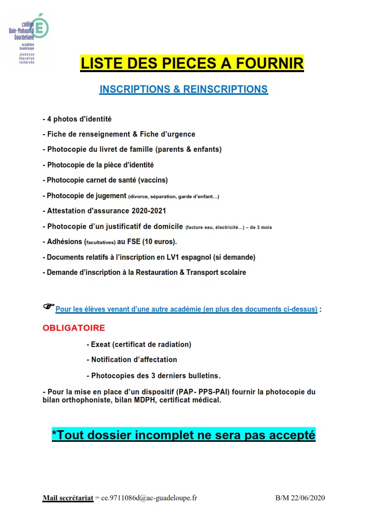 Liste des pi ces fournir 2020 2021 Collège Gourdeliane